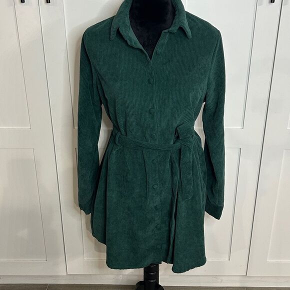 Nasty Gal Green Corduroy Cord Belt Shirt Dress - US 2 - EUC - Picture 1 of 4